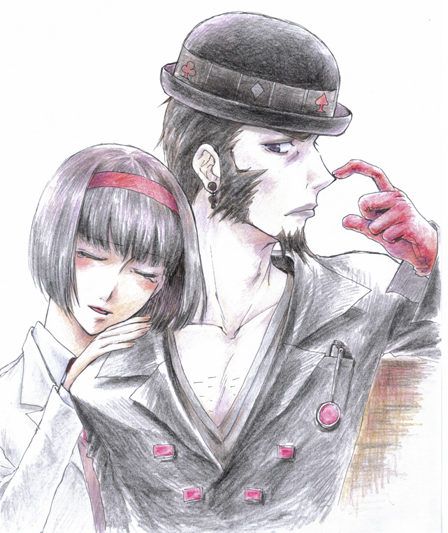 1girl black_hair blue_eyes blush bob_cut bowler_hat chest_hair closed_eyes colored_pencil_(medium) earrings facial_hair facial_mark gloves goatee hairband hat jake_martinez jewelry kriem necktie short_hair sideburns stenlesskeeve tattoo tears tiger_&amp;_bunny traditional_media younger