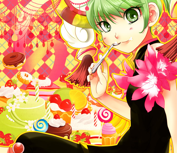 bad_id bad_pixiv_id cake chinese_clothes doughnut dragon_kid flower food fork green_eyes green_hair hat huang_baoling hypoxis macaron short_hair solo superhero sweets tiger_&amp;_bunny