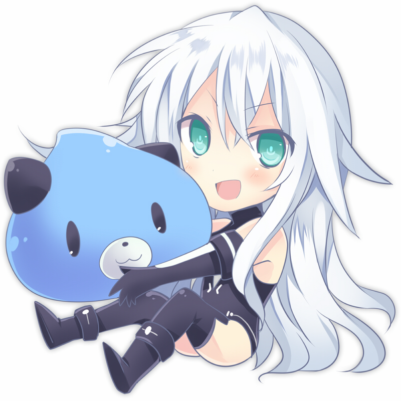 :3 :d aqua_eyes bad_id bad_pixiv_id bangs bare_shoulders black_footwear black_gloves black_heart black_legwear blush boots chibi dogoo elbow_gloves from_side full_body gloves halterneck holding leotard long_hair looking_at_viewer magical_girl mishima_kurone neptune_(series) open_mouth outstretched_arms parted_bangs simple_background sitting smile solo symbol-shaped_pupils thigh_boots thighhighs turtleneck v-shaped_eyebrows very_long_hair white_background white_hair