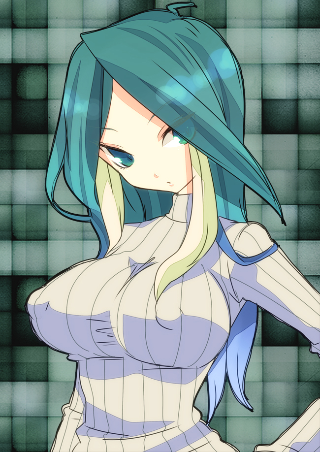 bad_id bad_pixiv_id blue_hair breasts covered_nipples inazuma_eleven inazuma_eleven_(series) large_breasts long_hair memeo_(candy_house) multicolored_hair turtleneck urubida white_hair