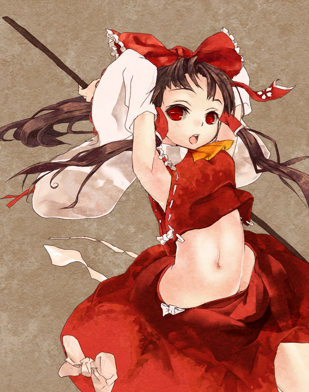 armpits arms_up ascot bow brown_hair detached_sleeves gohei hair_bow hair_tubes hakurei_reimu highres junly midriff navel open_mouth red_eyes shirt skirt skirt_set solo touhou