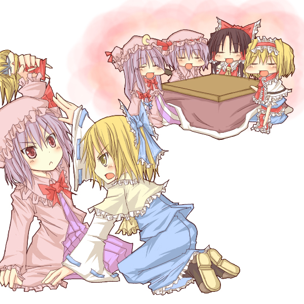 :&lt; :d =_= alice_margatroid bat_wings blonde_hair bow capelet chibi child crescent doll frills frown hair_bow hairband hakurei_aimu hakurei_reimu hat if_they_mated kotatsu large_bow long_hair multiple_girls natsuk open_mouth patchouli_knowledge purple_hair red_eyes remilia_scarlet shaded_face shanghai_doll short_hair smile table touhou wings yellow_eyes