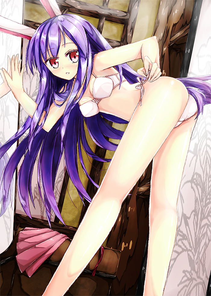 90i animal_ears bent_over blush bra bunny_ears lingerie long_hair panties purple_hair red_eyes reisen_udongein_inaba solo touhou underwear underwear_only undressing very_long_hair white_panties