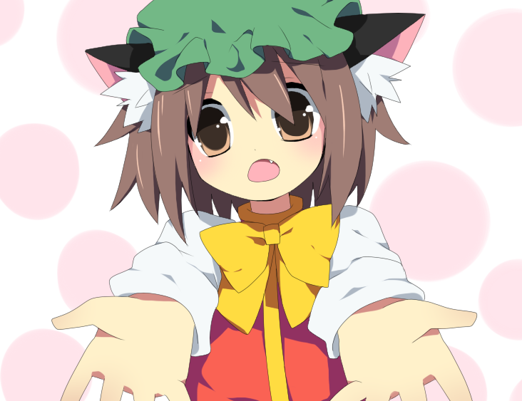animal_ears bad_id bad_pixiv_id brown_eyes brown_hair cat_ears cat_tail chen fang hat outstretched_arms solo soranagi tail touhou