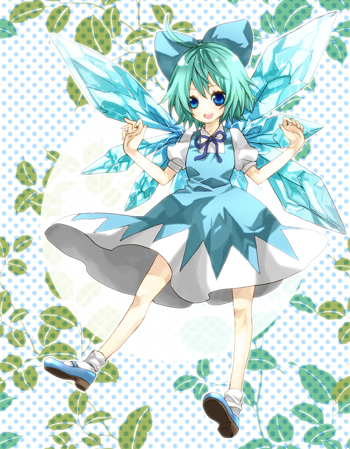 ahoge aqua_hair blue_eyes bow cirno dress hair_bow ice ice_wings mary_janes midorikoichi open_mouth plant polka_dot polka_dot_background shoes short_hair smile solo touhou vines wings