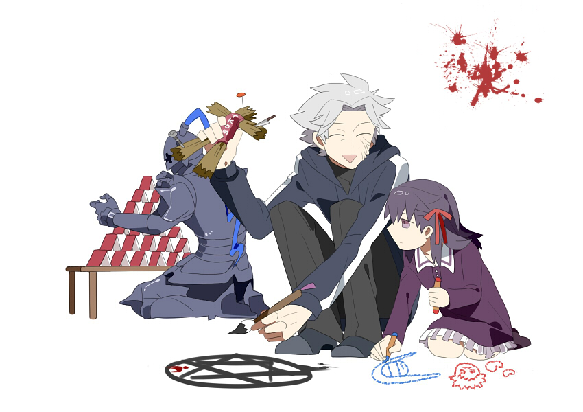 2boys armor bad_id bad_pixiv_id berserker_(fate/zero) blood child closed_eyes drawing dress fate/zero fate_(series) hair_ribbon hexagram house_of_cards magic_circle matou_kariya matou_sakura morinaga777 multiple_boys open_mouth purple_eyes purple_hair ribbon uncle_and_niece voodoo_doll white_hair younger