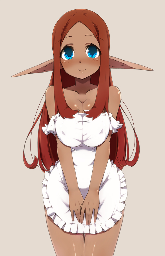 apron bare_shoulders blue_eyes blush breast_squeeze breasts brown_hair cleavage covered_nipples dark_skin elf large_breasts long_hair long_pointy_ears maid-chan_(maze) maze_(gochama_ze_gohan) naked_apron original pointy_ears smile solo