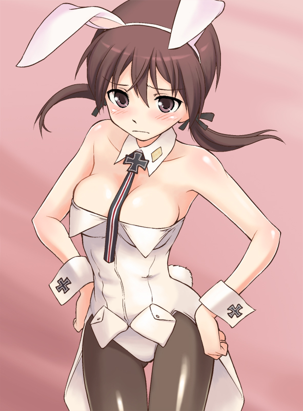 animal_ears bare_shoulders black_legwear blush breasts brown_eyes brown_hair bunny_ears bunny_girl bunnysuit detached_collar gertrud_barkhorn hairband hands_on_hips iron_cross long_hair medium_breasts mirutsu_(milts) pantyhose solo strike_witches world_witches_series wrist_cuffs