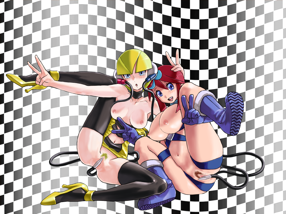 blonde_hair blue_eyes blue_footwear boots bottomless breasts breasts_outside censored checkered checkered_background double_v fuuro_(pokemon) kamitsure_(pokemon) large_breasts looking_at_viewer multiple_girls nipples no_bra no_panties otsukare pokemon pokemon_(game) pokemon_bw pubic_hair pussy red_hair smile spread_legs v