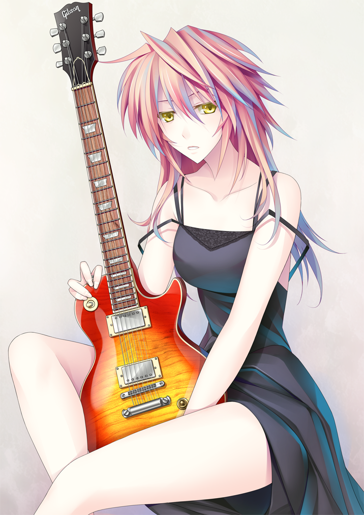 440 bare_shoulders dress electric_guitar gibson guitar instrument long_hair off_shoulder open_mouth original pink_hair simple_background sleeveless solo strap_slip yellow_eyes