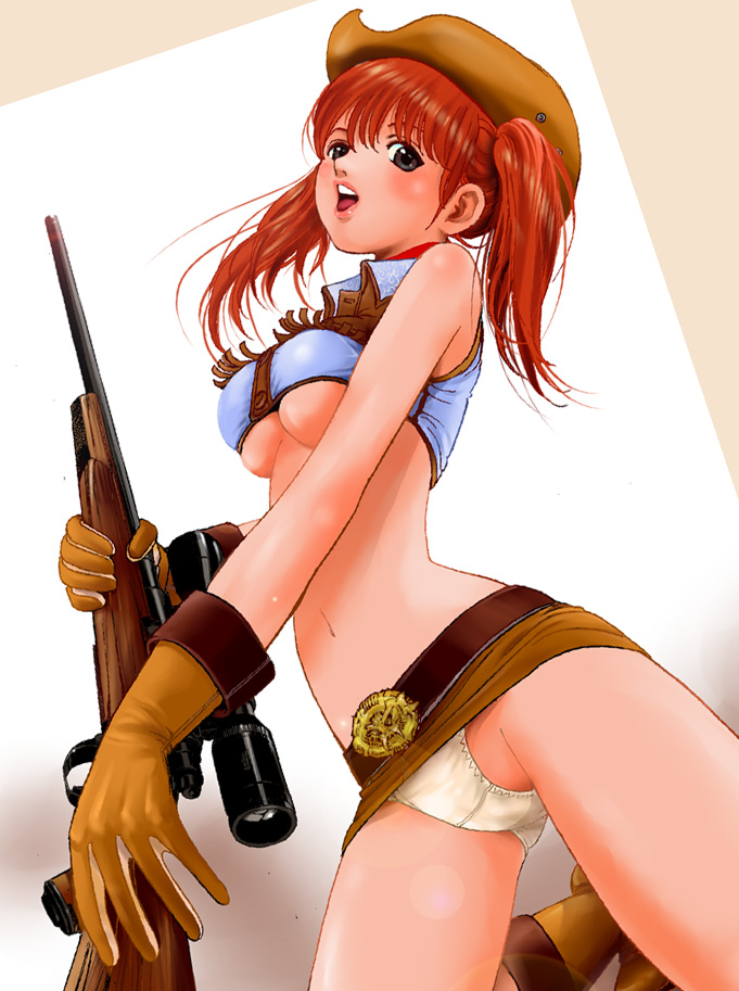 belt boots breasts character_request cowboy_hat crop_top fringe_trim gloves gun hat katayama_makoto lens_flare lipstick makeup medium_breasts meisai-fuku_de_choushokuo_special microskirt midriff navel open_mouth panties revealing_clothes rifle scope skirt solo twintails underboob underwear weapon western