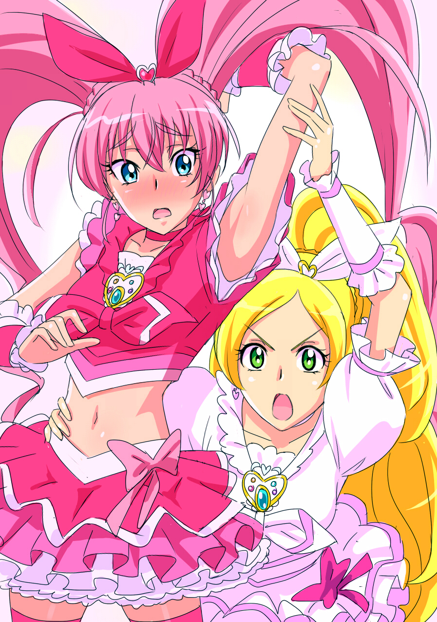 arm_up armpits blonde_hair blue_eyes blush bow choker commentary cure_melody cure_rhythm earrings eyelashes face green_eyes highres houjou_hibiki ishii_takamori jewelry long_hair looking_at_viewer magical_girl midriff minamino_kanade multiple_girls navel open_mouth pink_bow pink_choker pink_hair pink_legwear ponytail precure suite_precure thighhighs twintails very_long_hair zettai_ryouiki