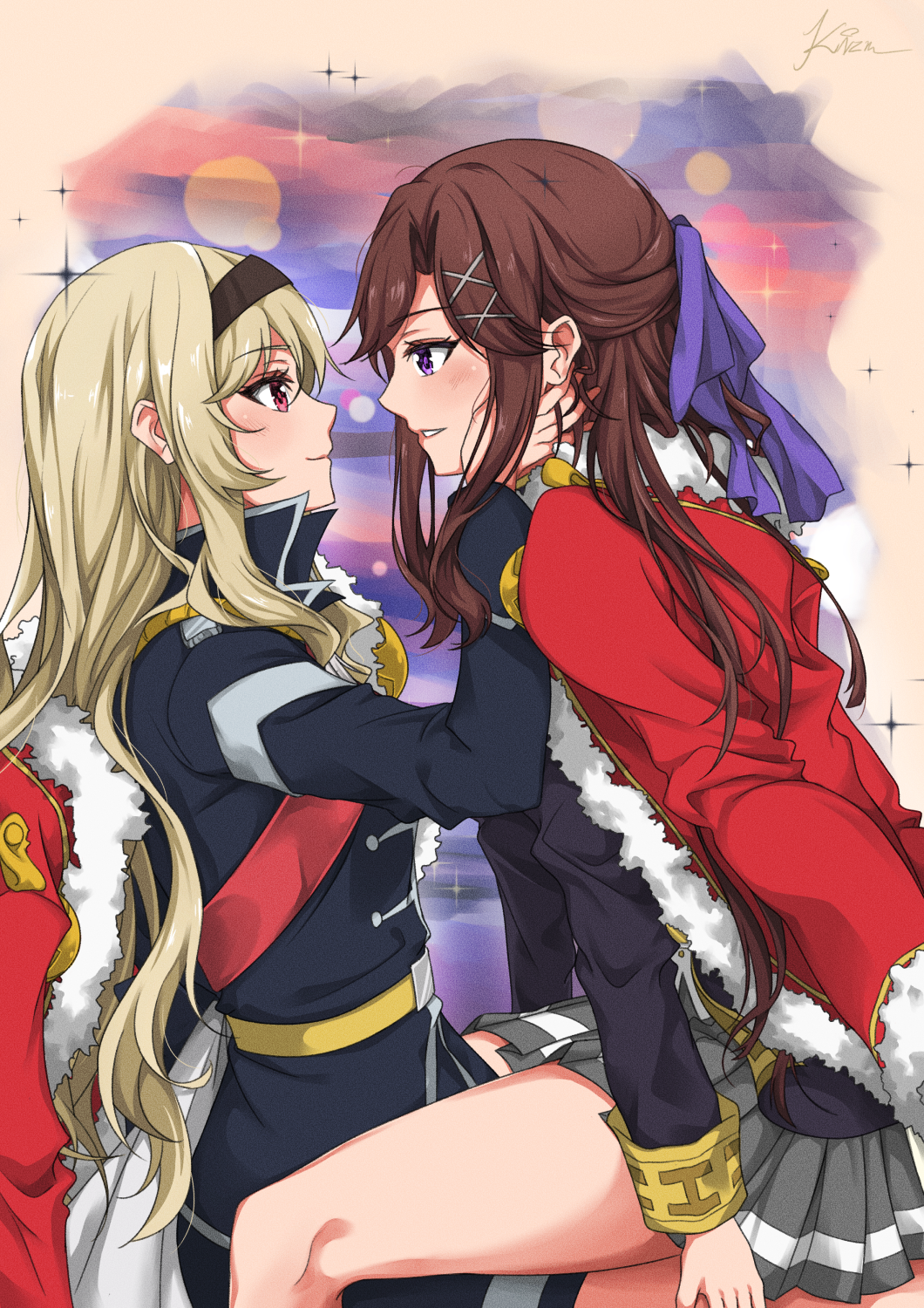2girls bangs blonde_hair blush bow brown_hair cape commentary eye_contact eyebrows_visible_through_hair face-to-face fur_trim hair_bow hair_ornament hairband hands_on_another's_cheeks hands_on_another's_face highres jacket kizuchi_r long_hair looking_at_another multiple_girls open_mouth pleated_skirt purple_eyes red_eyes saijou_claudine shoujo_kageki_revue_starlight simple_background sitting sitting_on_lap sitting_on_person skirt smile tendou_maya x_hair_ornament yuri