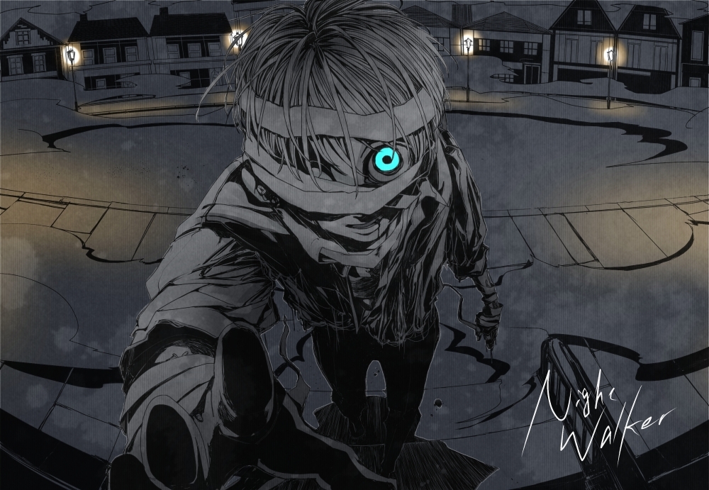 aqua_eyes arm_at_side bandaged_hands bandaged_head bandages bangs blood blood_from_mouth blue_eyes building city corpse dust_cloud from_above glowing glowing_eye house kagamine_len lamppost lantern long_sleeves looking_at_viewer looking_up male_focus night one-eyed one_eye_covered outdoors outstretched_arm pants parted_lips rakeru_(fleedo) reaching reaching_out road shadow solo song_name standing street vocaloid zombie