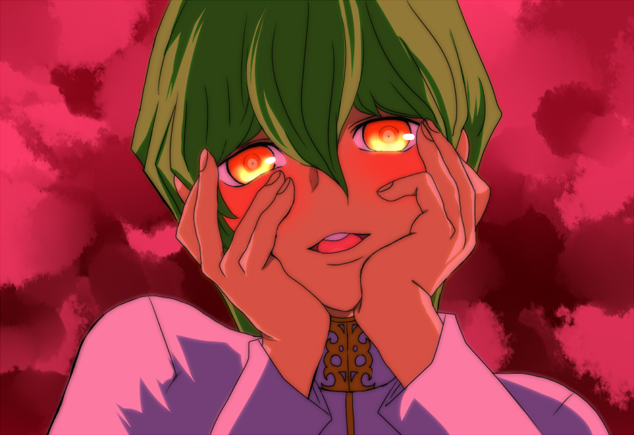 blush glowing glowing_eyes green_hair hands_on_own_cheeks hands_on_own_face kaiba_seto male_focus nue_(marlboro_gold) parody solo yandere yandere_trance yuu-gi-ou yuu-gi-ou_(touei)