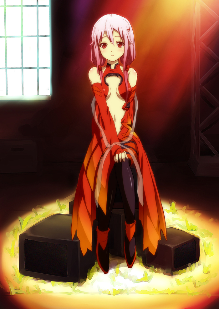 breasts center_opening detached_sleeves guilty_crown leotard long_hair navel nectar_(fujiya) pink_hair red_eyes red_leotard sitting small_breasts solo thighhighs twintails yuzuriha_inori