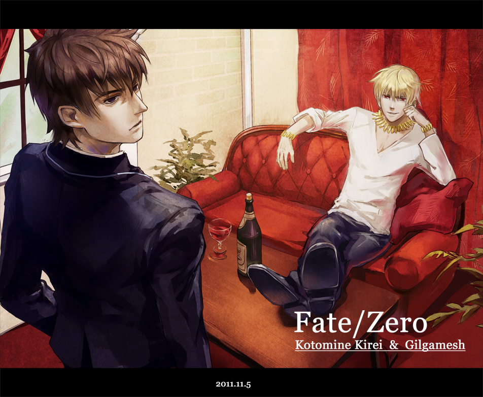 alcohol blonde_hair bracelet brown_eyes brown_hair casual chair character_name copyright_name fate/zero fate_(series) gilgamesh jewelry kotomine_kirei letterboxed male_focus multiple_boys necklace red_eyes sitting wine yunvshen