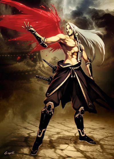 1boy alternate_costume final_fantasy final_fantasy_vii long_hair male male_focus sephiroth shirtless solo sword weapon white_hair