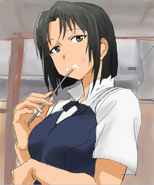 black_hair blue_eyes bow eating food food_on_face looking_at_viewer official_style orie shirafuji_kyouko short_hair short_sleeves solo spoon upper_body working!!