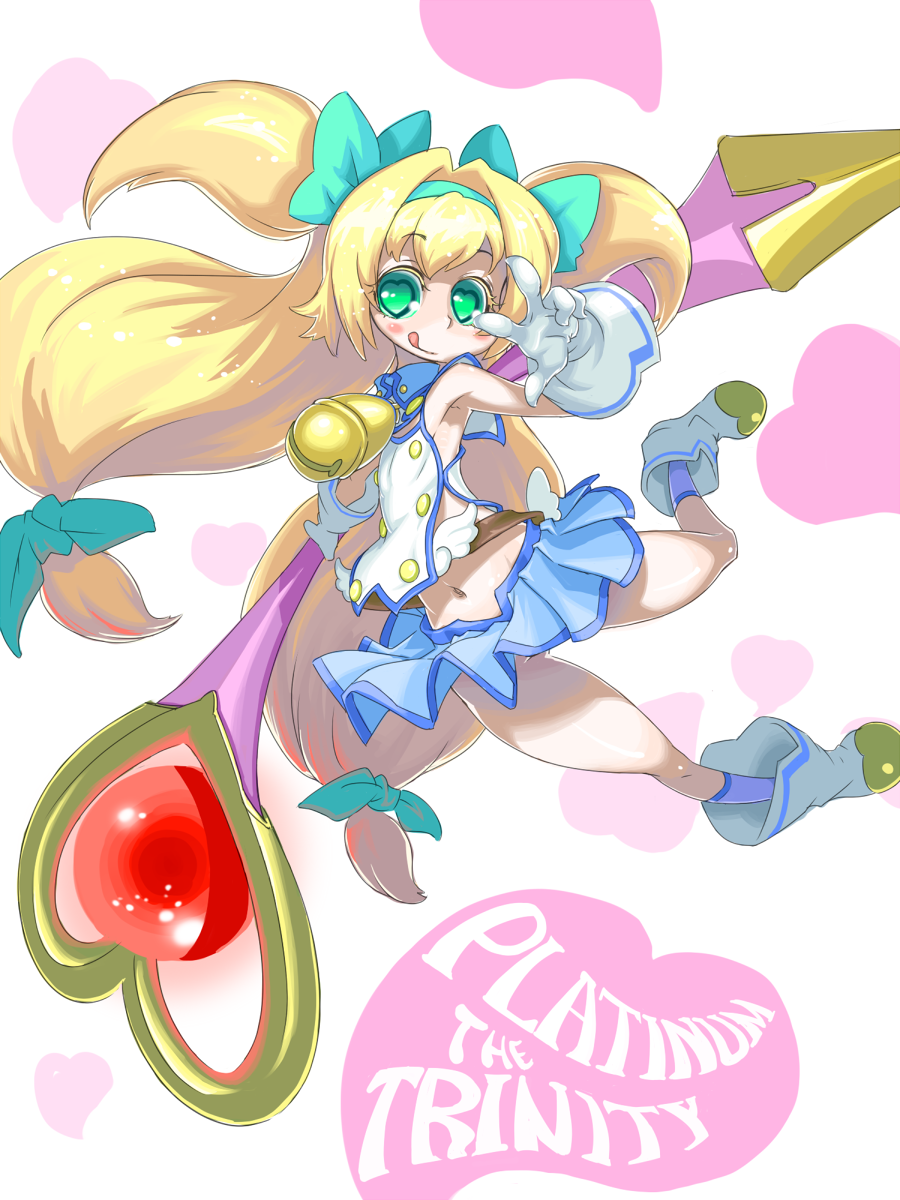 :p \m/ armpits blazblue blonde_hair boots character_name gloves heart heart-shaped_pupils highres indee long_hair low-tied_long_hair midriff muchourin navel one_eye_closed platinum_the_trinity pleated_skirt quad_tails skirt symbol-shaped_pupils tongue tongue_out two_side_up