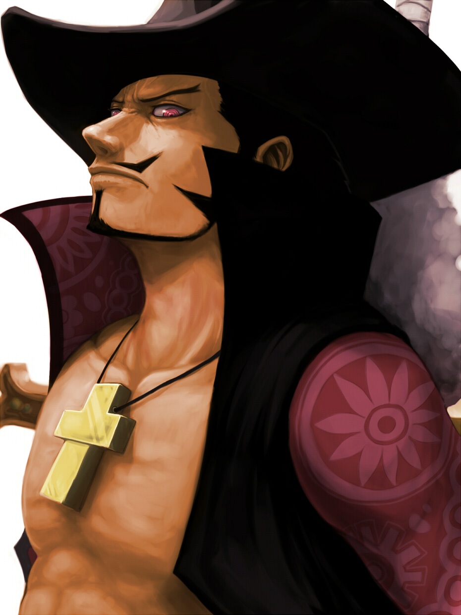 commentary_request cross dracule_mihawk facial_hair hat highres jewelry male_focus mustache necklace one_piece pink_eyes solo yoshida_takanori