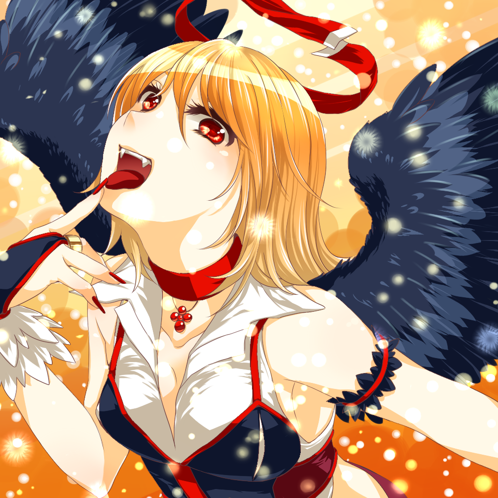 armpits black_wings blonde_hair bridal_gauntlets choker ex-rumia fangs fingernails halo hand_to_own_mouth nail_polish open_mouth red_eyes ribbon rumia shirane_koitsu short_hair sleeveless solo tongue touhou upper_body wings