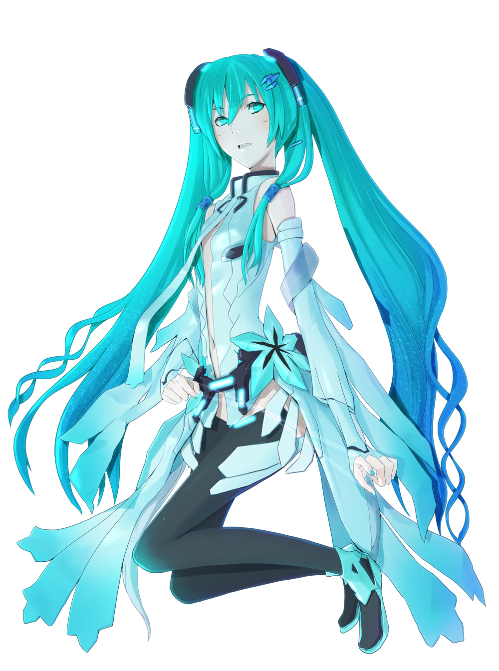 aqua_eyes aqua_hair bad_hands belt cosplay detached_sleeves guilty_crown hatsune_miku hatsune_miku_(append) highres long_hair magzz navel necktie simple_background solo thighhighs twintails very_long_hair vocaloid vocaloid_append yuzuriha_inori yuzuriha_inori_(cosplay) zettai_ryouiki
