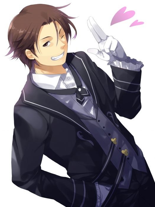 alternate_costume alvin_(tales) bad_id bad_pixiv_id brown_eyes brown_hair formal grin heart male_focus one_eye_closed salute shibanashi_miso smile solo suit tales_of_(series) tales_of_xillia