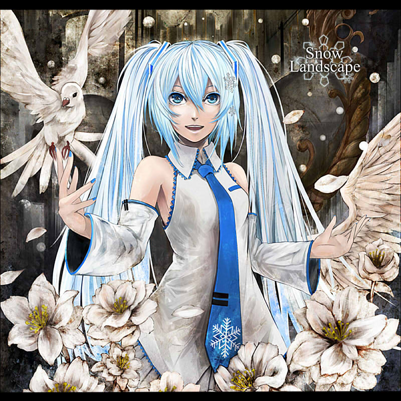bird blue_eyes blue_hair detached_sleeves flower hatsune_miku kazabana_fuuka long_hair necktie open_mouth petals smile solo twintails vocaloid yuki_miku
