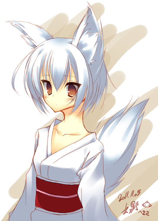 animal_ears bad_id bad_pixiv_id blush brown_eyes collarbone fox_ears fox_tail mutsuno_hekisa original short_hair signature silver_hair simple_background solo tail