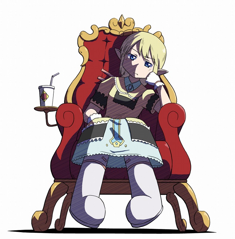 blonde_hair blue_eyes boots bored cup dress drinking_straw full_body gloves hand_on_own_cheek hand_on_own_face looking_at_viewer mitsu_(nicoseiga) nichijou pointy_ears princess_starla_(nichijou) serious simple_background sitting solo throne white_background white_gloves