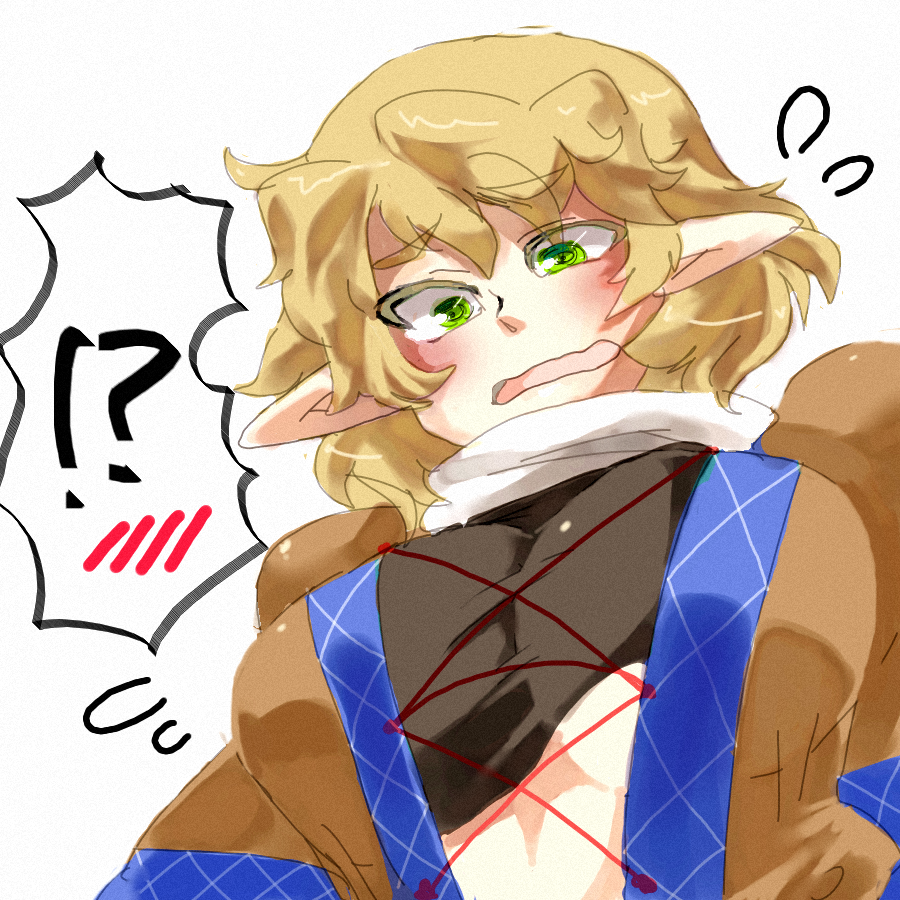1girl bad_id bad_pixiv_id blonde_hair blush breasts corset eyebrows green_eyes iroyopon large_breasts mizuhashi_parsee pointy_ears solo thick_eyebrows touhou underboob upper_body wavy_mouth