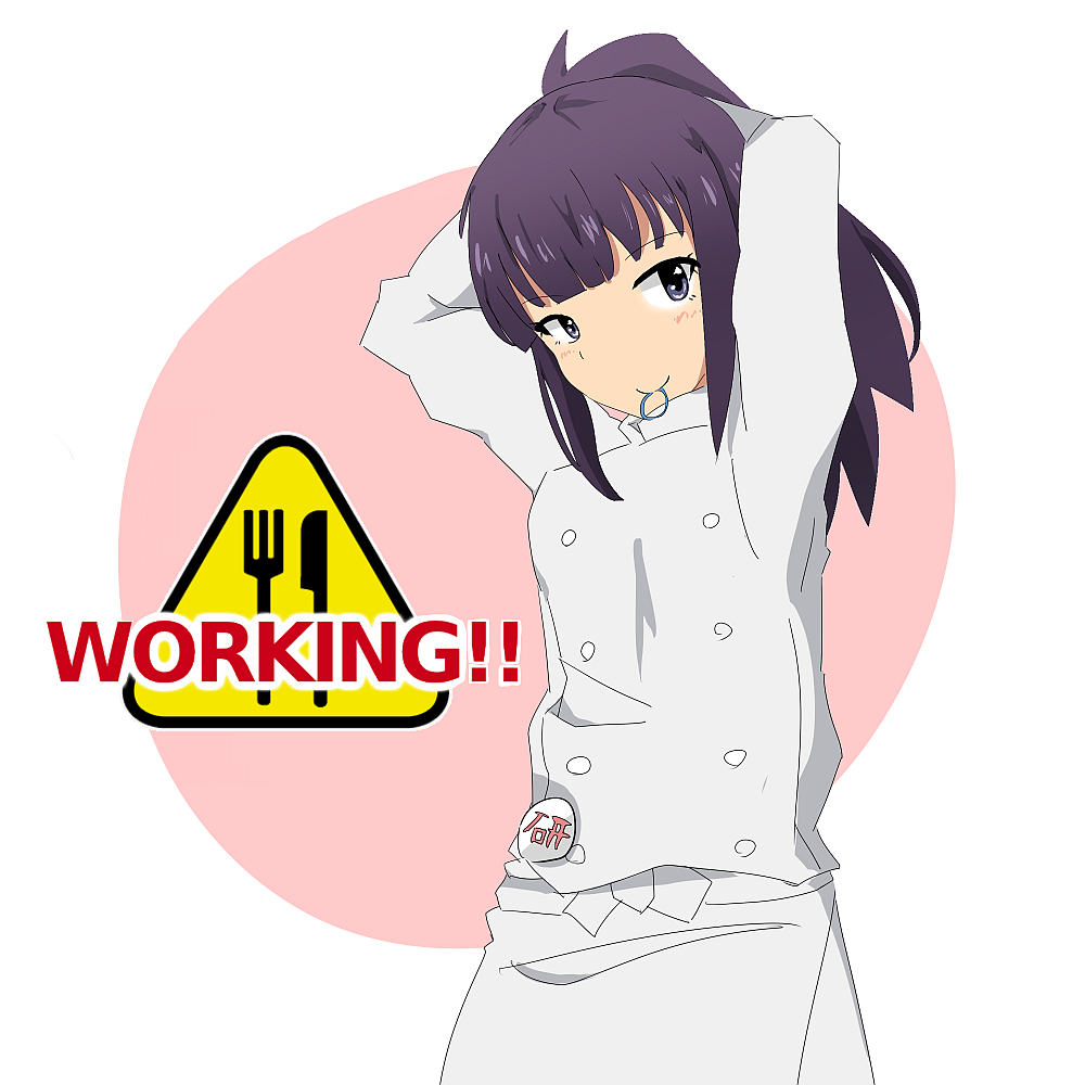 adjusting_hair alternate_costume arms_up badge chef logo long_hair mouth_hold pen_(ismr) purple_eyes purple_hair simple_background smile solo tsurime working!! yamada_aoi