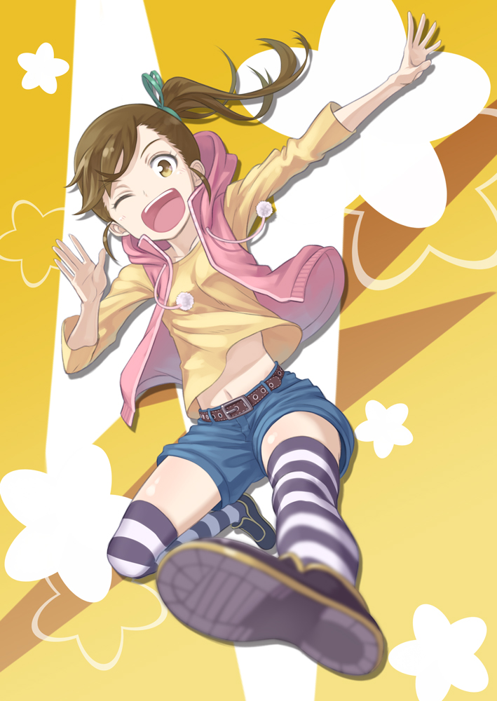 ;d belt blurry brown_eyes brown_hair depth_of_field foreshortening futami_mami hood hooded_jacket idolmaster idolmaster_(classic) jacket kicking midriff mofu navel one_eye_closed open_mouth outstretched_arm shorts side_ponytail smile solo striped striped_legwear thighhighs