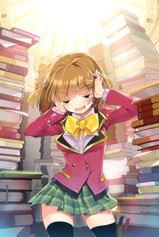 bangs blazer blunt_bangs book book_focus book_stack bow breasts brown_hair cherrypin closed_eyes dress_shirt hands_on_own_head jacket lowres lucca medium_breasts open_mouth plaid plaid_skirt pleated_skirt school_uniform shirt short_hair skirt solo sword_girls tears thighhighs too_many too_many_books zettai_ryouiki