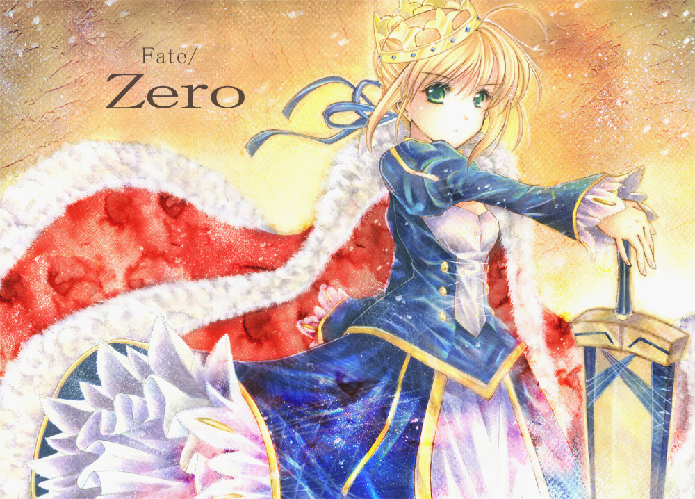 artoria_pendragon_(all) avalon_(fate/stay_night) blonde_hair cape crown dress excalibur fate/stay_night fate_(series) frills gathers green_eyes hair_ribbon ribbon saber sheath sheathed shinonome86 solo sword weapon