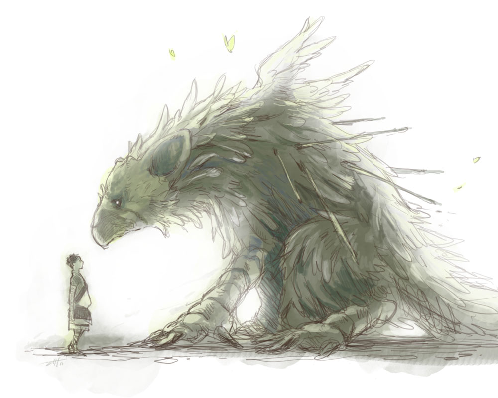character_request child creature feathers griffin masato_(oal) simple_background the_boy_(the_last_guardian) the_last_guardian trico_(character) white_background
