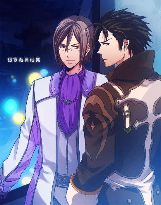 alvin_(tales) balan brown_hair coat cousins earrings glasses jewelry male_focus multiple_boys red_eyes sng tales_of_(series) tales_of_xillia