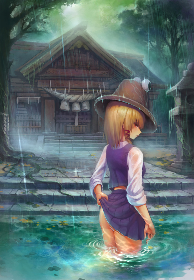 ass blonde_hair cloud cloudy_sky from_behind hat looking_back miniskirt moriya_suwako panties pleated_skirt rain rained roots rope scenery shide shimenawa shrine skirt skirt_lift sky sleeves_rolled_up solo stairs stone_lantern touhou tree underwear wading water wet wet_clothes white_panties