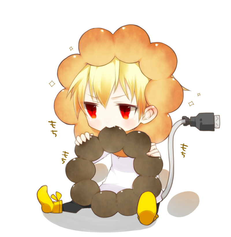 blonde_hair cable chibi cosplay doughnut earrings eating fang fate/zero fate_(series) food gilgamesh haine_(howling) jewelry lion male_focus mister_donut plug pon_de_lion pon_de_lion_(cosplay) pon_de_ring red_eyes sitting solo sparkle