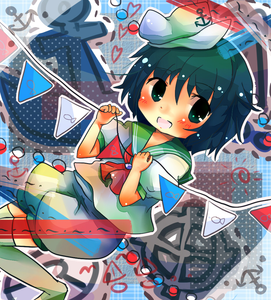 anchor bad_id bad_pixiv_id blue_eyes blue_hair blush hat murasa_minamitsu nanahamu open_mouth sailor_hat short_hair smile solo touhou