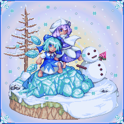 bow cirno dress faux_figurine food fruit hair_bow kisasage_kouta letty_whiterock lowres multiple_girls pixel_art snow snowman touhou tree watermelon
