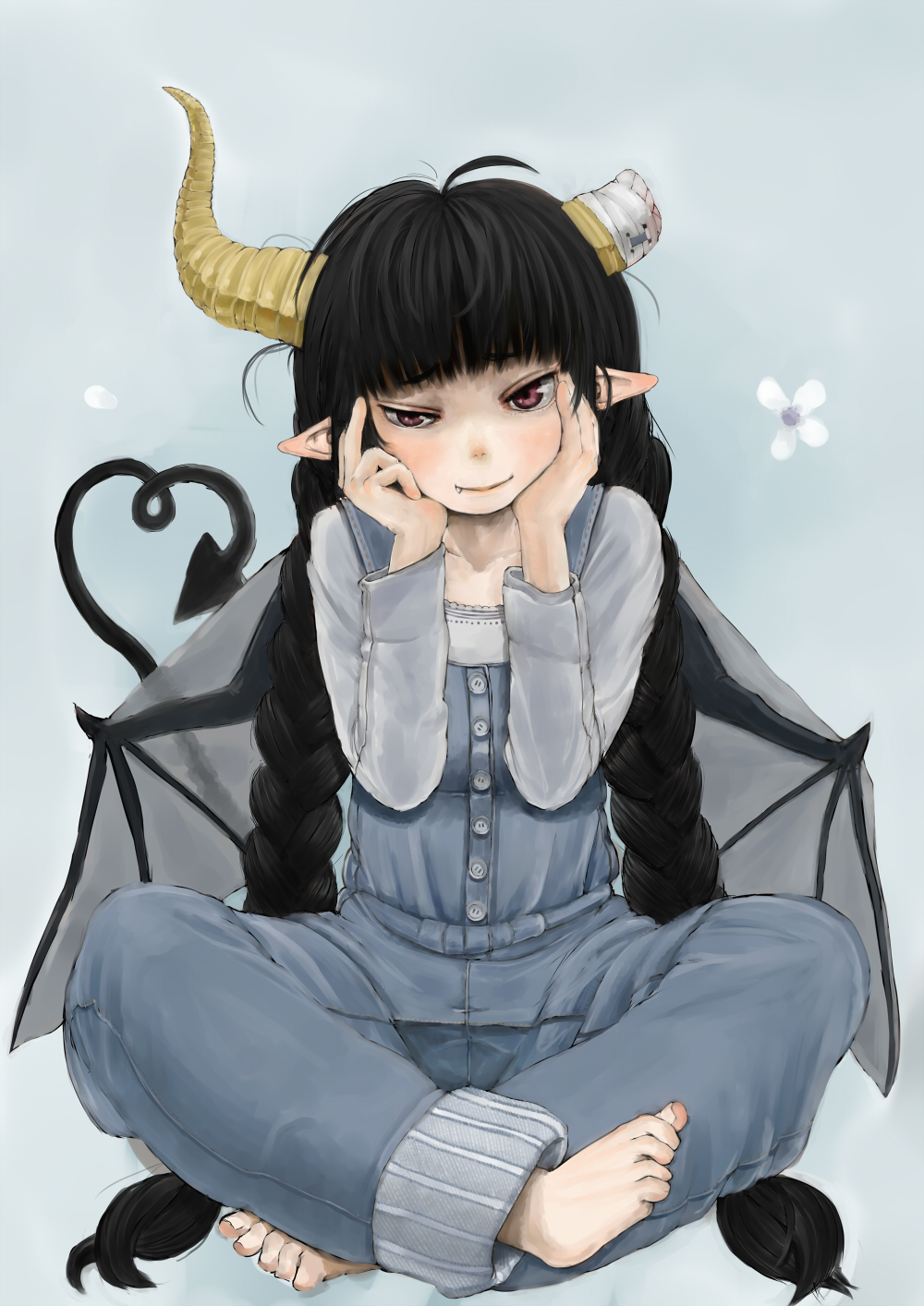 bandages barefoot black_hair blush braid broken_horn demon_girl demon_tail demon_wings ebimomo fang fang_out feet flower full_body hands_on_own_cheeks hands_on_own_face heart heart_tail highres horns indian_style long_hair looking_at_viewer original overalls pointy_ears red_eyes sitting smile solo tail toes twin_braids wings