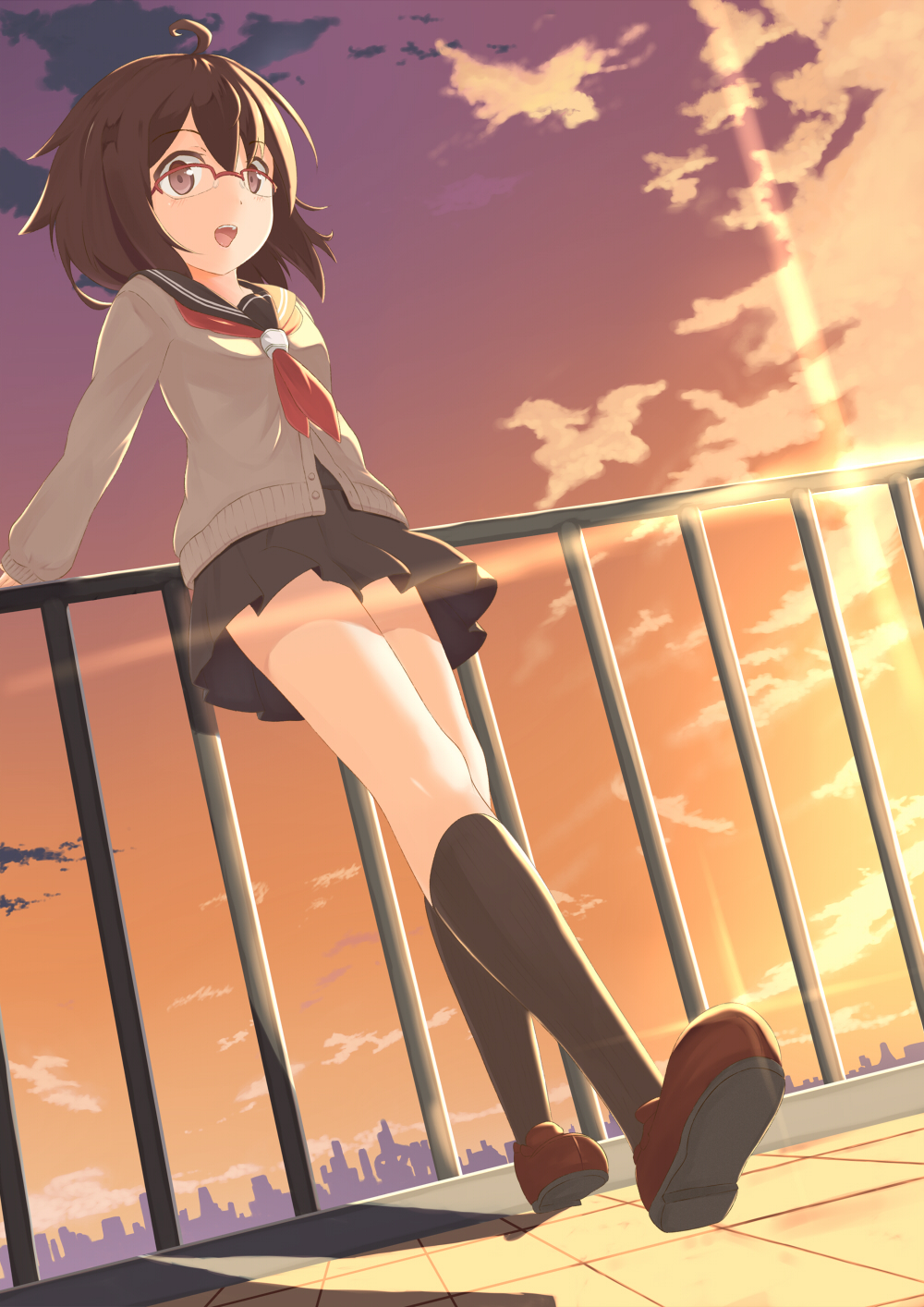 ahoge brown_eyes brown_hair cardigan cityscape fence glasses highres momo_no_kanzume open_mouth original rooftop school_uniform short_hair skirt smile solo sunset sweater