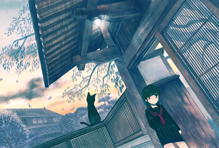 against_wall animal arm_at_side arm_behind_back bangs black_cat black_serafuku black_skirt blunt_bangs building cat ceiling_light closed_mouth dutch_angle evening expressionless house kimura_(pixiv178485) long_sleeves looking_at_viewer neckerchief original outdoors pleated_skirt red_neckwear school_uniform serafuku skirt solo standing