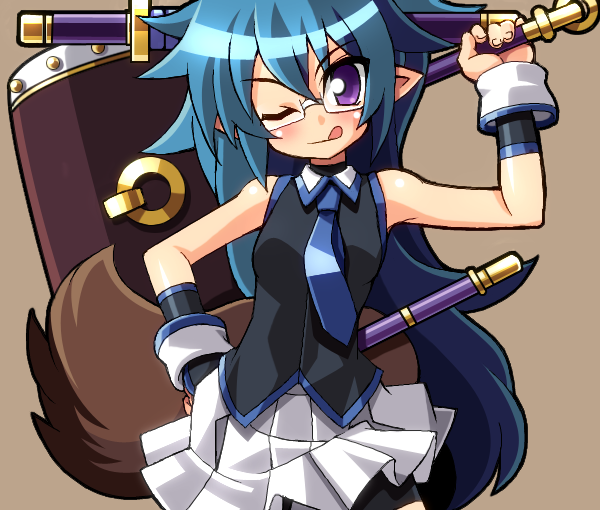 ;q asagi_(shinrabanshou) blue_hair chirorian glasses hammer long_hair necktie one_eye_closed pointy_ears purple_eyes shinrabanshou skirt solo sword tail tongue tongue_out weapon