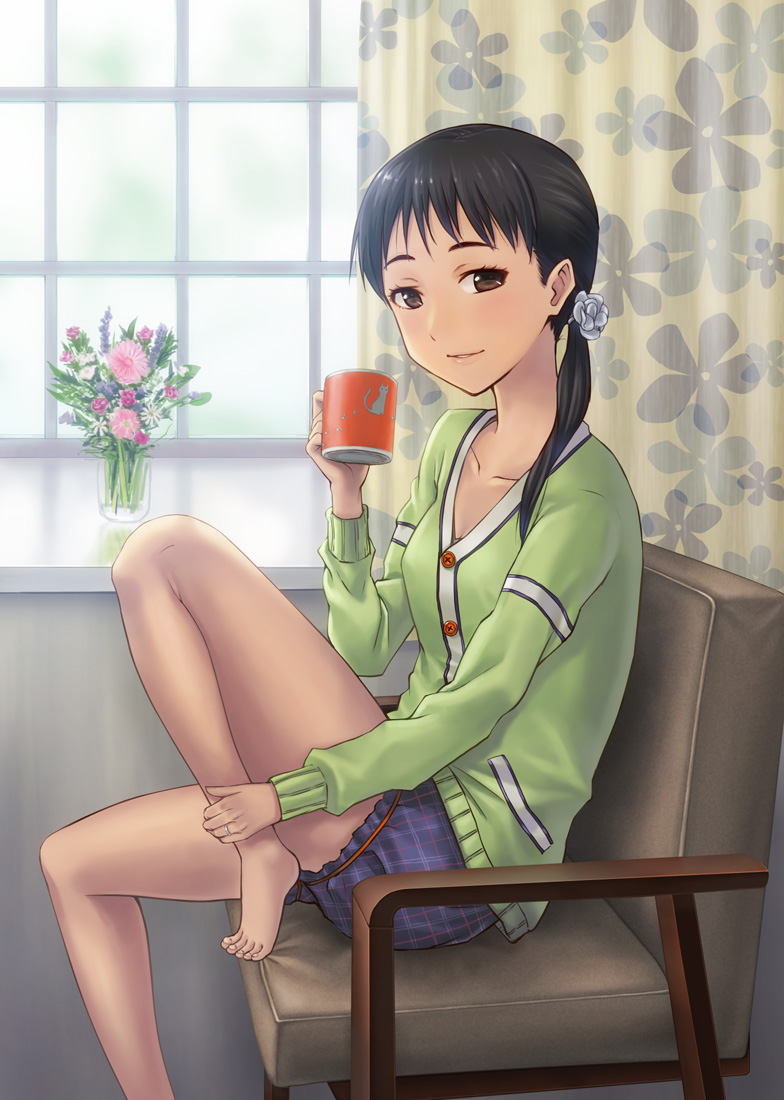bad_id bad_pixiv_id barefoot black_hair brown_eyes cardigan chair collarbone cup curtains feet feet_on_chair flower hashi indoors jewelry knee_up long_hair looking_at_viewer mug original plaid plaid_shorts ponytail ring shorts sitting solo window
