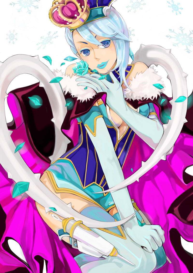 bare_shoulders blue_eyes blue_flower blue_hair blue_rose blue_rose_(tiger_&amp;_bunny) boots breasts cape cleavage crown crystal_earrings earrings elbow_gloves flower foodpuppet gloves gun hat jewelry karina_lyle lipstick makeup medium_breasts petals rose short_hair snowflakes solo superhero thigh_boots thighhighs tiger_&amp;_bunny weapon