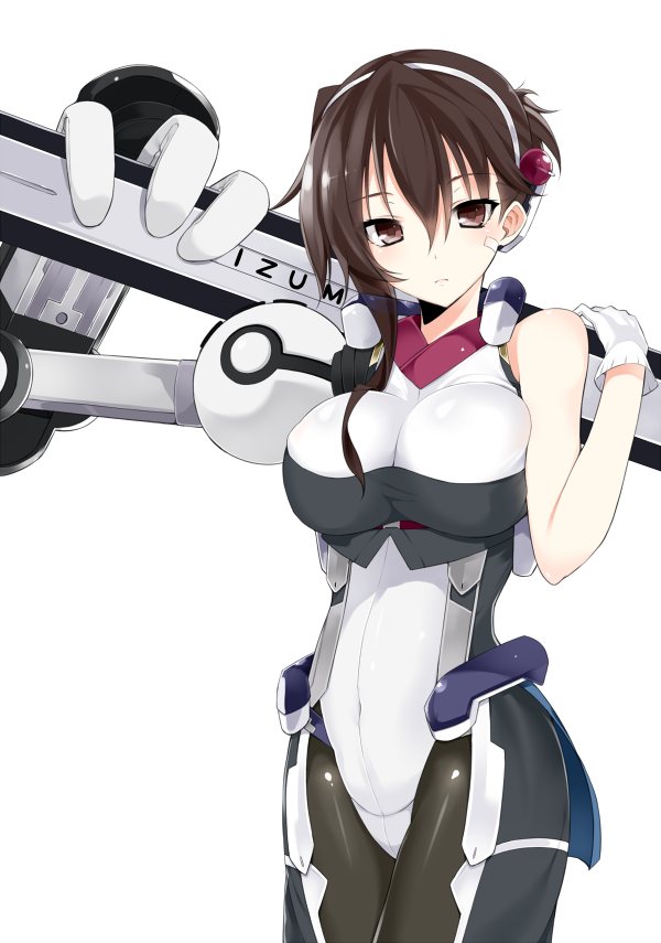 bad_id bad_pixiv_id bandages bodysuit breasts brown_eyes brown_hair gloves hairband kyoukaisenjou_no_horizon large_breasts looking_at_viewer mechanical_arm naomasa_(horizon) over_shoulder pantyhose simple_background soburi solo weapon weapon_over_shoulder