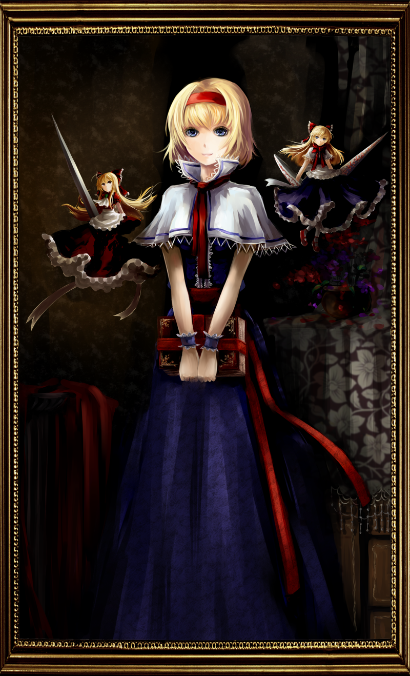 alice_margatroid apron blonde_hair blue_eyes book bow capelet doll dual_wielding flying frame grimoire grimoire_of_alice hair_bow hairband highres holding hourai_doll lance long_hair painting_(object) polearm shanghai_doll short_hair smile solo standing touhou v_arms vetina waist_apron weapon wrist_cuffs